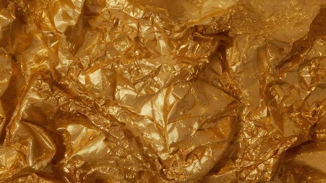 Glinting gold foil reflecting shifting studio light in macro, revealing glitter flecks and creases