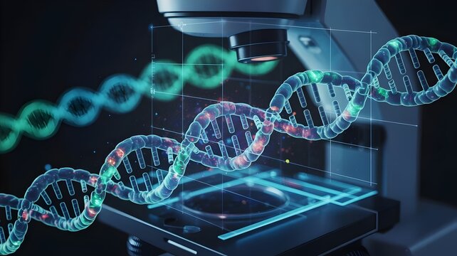 Futuristic microscope interface with luminous holographic DNA structure – Perfect for genetic engineering, science technology, or innovation.