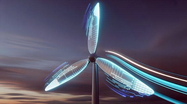 futuristic wind turbine with luminous digital blue blades – Suitable for sustainable technology, green energy, or modern innovation concepts.
