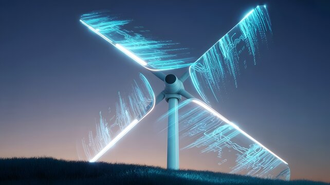 Futuristic Wind Turbine with Glowing Digital Blades – Great for sustainable technology, renewable energy, or digital innovation concepts. - Powered by Adobe