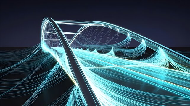 Glowing Fiber Data Bridge with Streams of Light – Great for digital transformation, cyber space, or technology concepts.