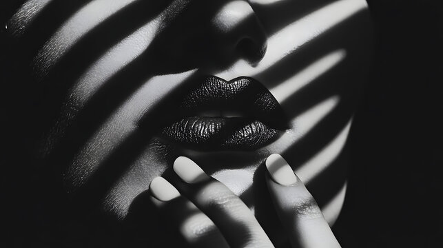 Portrait of a person with shadow patterns across the face during a photographic session in a studio at night