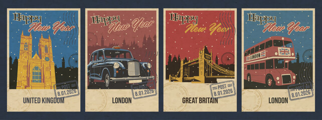 New Year Greeting Cards, United Kingdom Main Attractions Postcards Retro Illustrations. London Westminster Abbey, Taxi Cab, Tower Bridge, Red Bus