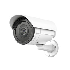 CCTV security camera with white housing and black lens, on transparent background
