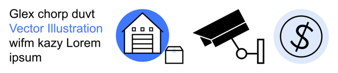 Business security, inventory management, financial transactions, e-commerce, surveillance systems, logistics. Warehouse, CCTV camera and dollar sign symbols. Business security and inventory