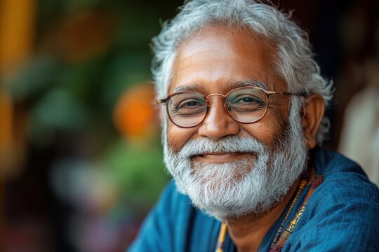 Happy Indian senior man enjoying life with a warm smile in a vibrant outdoor setting filled with color and warmth during a sunny day - Powered by Adobe