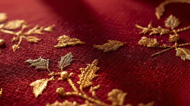 Shifting camera revealing raised goldwork sprig on red fabric, showing gold thread gleam