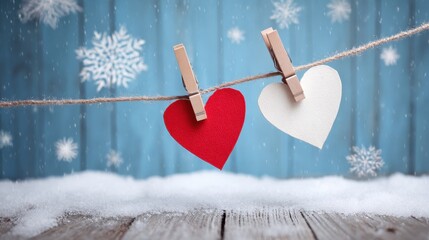 Valentine's Day Hearts Hanging On Rope With Snowflakes And Winter Atmosphere