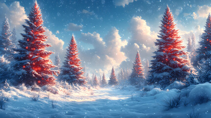 Winter forest with snow-covered trees and a clear sky in a serene landscape during daytime