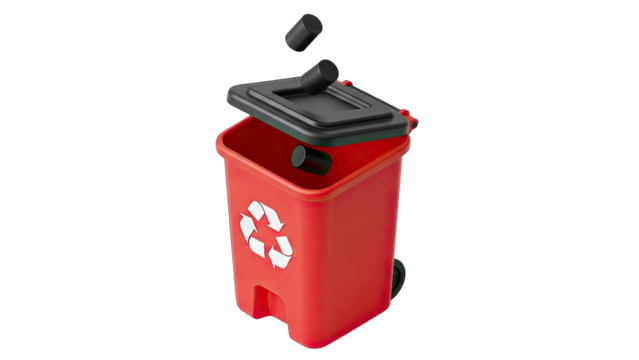 Red Recycling Bin With Lid Open and Black Cylindrical Trash Being Dropped Inside on a Transparent Background