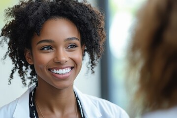 Dentist communicates with smiling African American woman during dental appointment at modern clinic in bright daytime setting