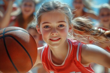 Playing basketball at a school gym with diverse girls showcasing teamwork, enthusiasm, and sportsmanship during a sunny afternoon practice session