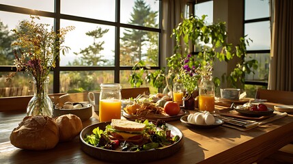 Warm breakfast spread on a wooden table by a large window