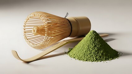 Traditional Japanese Matcha Tea Preparation Tools Bamboo Whisk (Chasen) and Scoop (Chashaku) with Vibrant Green Powder