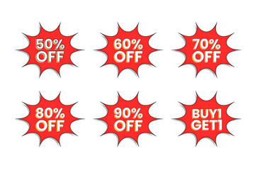 Set of red sunburst sale stickers and price tags, perfect for discounts, sales and special offers