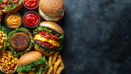 Grilled meat burger with cheese, tomato, fries, onion generated by AI