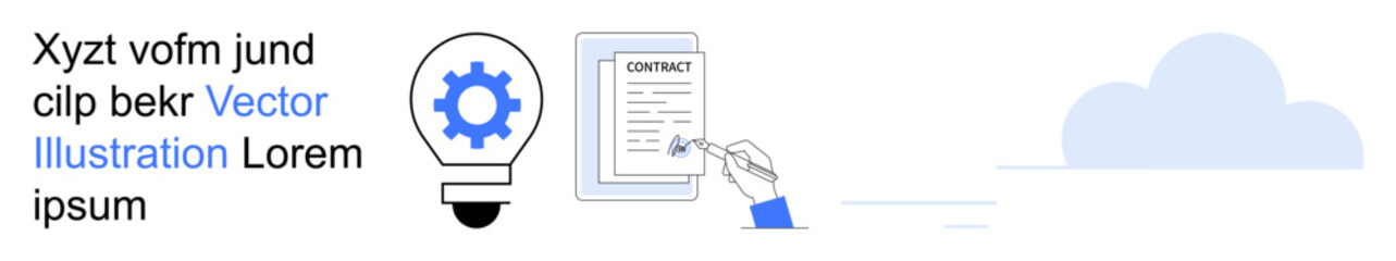 Business management, innovation, contract signing, cloud data storage, document workflow, digital services. Gear, hand signing document cloud. Business management and innovation