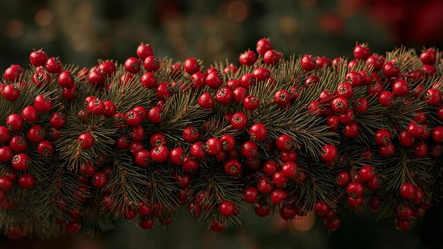 Shifting camera revealing red berries and pine needles on pine garland indoors, showing texture
