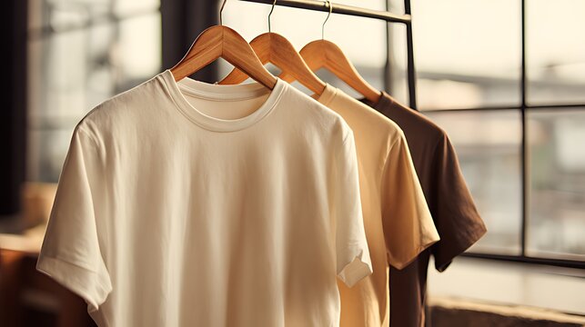 Hanging neutral colored t shirts displayed on wooden hangers near a window - Powered by Adobe