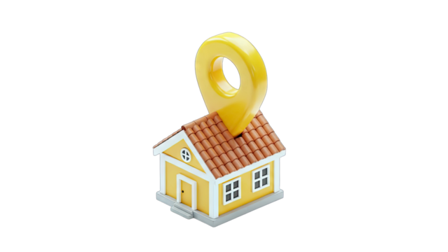 Small Yellow House with a Large Yellow Location Pin on its Roof Representing Real Estate or Property Location Services on a Transparent Background