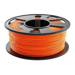 Orange 3D printer filament spool for additive manufacturing and rapid prototyping on transparent background