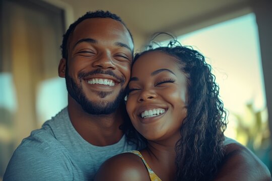 Young couple celebrates homeownership with laughter and joy, embracing their new beginning together in a cozy setting - Powered by Adobe