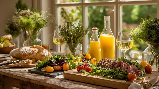 A beautifully set table with food wine and a garden view