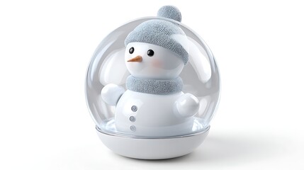 Snowman with a blue hat and scarf inside a glass snow globe on a white background for winter holidays
