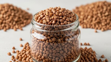Close up of a glass jar filled with raw buckwheat groats surrounded by piles of healthy grains on a light background