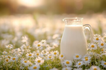 Milk jug glass resting on lush grass surrounded by blooming chamomiles during a serene golden hour in a quiet countryside