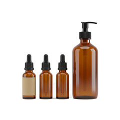 Amber glass dropper and pump bottles for skincare or pharmaceutical liquid packaging