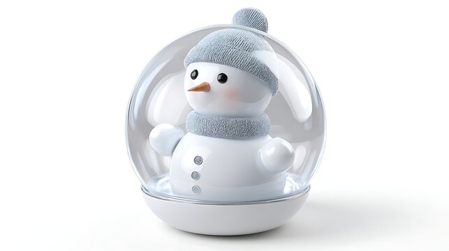 Snowman with a blue hat and scarf inside a glass snow globe on a white background for winter holidays