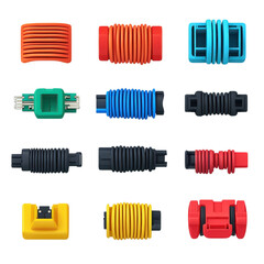 Cable and wire connectors, electrical plugs and sockets, various types and colors on transparent background