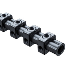 Black plastic pipe connector with multiple joints for industrial plumbing, on transparent background