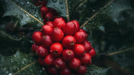 Zooming camera closing on glossy red berry clump in garden with spiny leaves, revealing droplets - Powered by Adobe