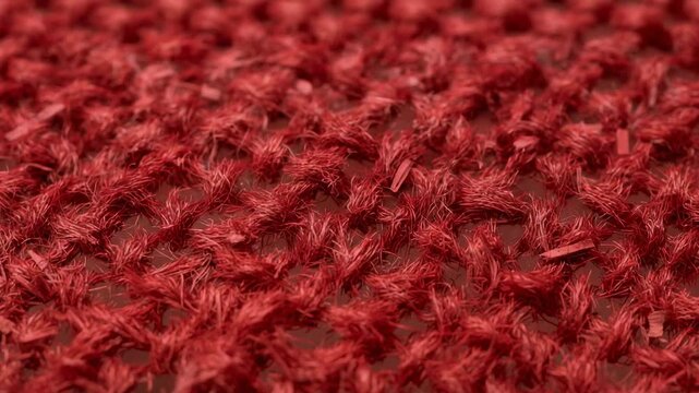 Pulling focus, camera revealing red knit swatch on studio table, exposing yarn fibers and backing