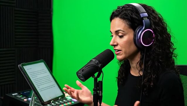 Person speaking into microphone wearing headphones with a green screen background.