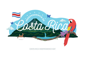 VECTORS. Editable banner perfect for Costa Rica’s Independence Day (September 15) and patriotic holidays. National symbols, nature, Arenal volcano, white-tailed deer, landscape