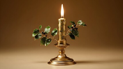 Elegant golden candle with holly leaves and berries creating a warm and festive holiday atmosphere