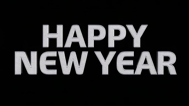 Showing centered dotted HAPPY NEW YEAR headline appearing at first frame, shimmering to celebrate