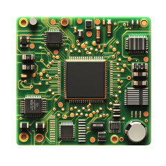 Electronic circuit board with microchip and components for technology and engineering on transparent background