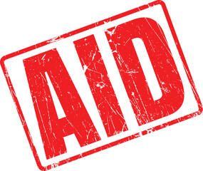 Distressed red AID rubber stamp on a white background evokes immediate attention and urgency