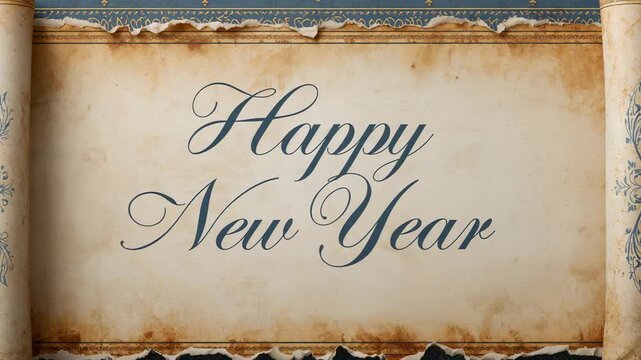 Zooming aged scroll filling frame, revealing larger Happy New Year for emphasis with rolled edges