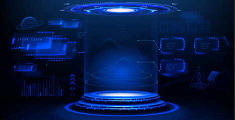 Naklejka na ściany i meble Futuristic hologram podium with glowing blue light portal and digital tech interface elements. 3d data visualization background - circular platform, hud panels, wireframe geometry and chart graphics