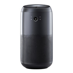 Black portable Bluetooth speaker with microphone and buttons, on transparent background