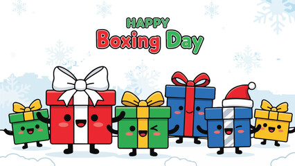 Happy boxing day cartoon greeting card with cute gift boxes.