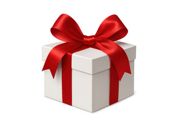 Obraz premium White gift box with red ribbon and bow celebrating holidays, special occasions, and anniversaries on transparent background