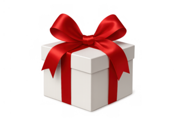 White gift box with red ribbon and bow celebrating holidays, special occasions, and anniversaries on transparent background