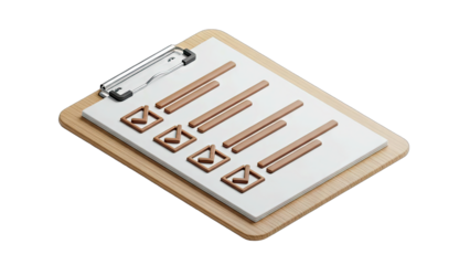 Realistic 3D Rendering of a Clipboard With a Checklist Featuring Checkmarks and Bars Isolated on a Transparent White Background with Detailed Texture and Soft Lighting
