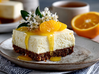 Close up of a square orange cheese cake piece on a plate, decorated with flowers and orange slices 